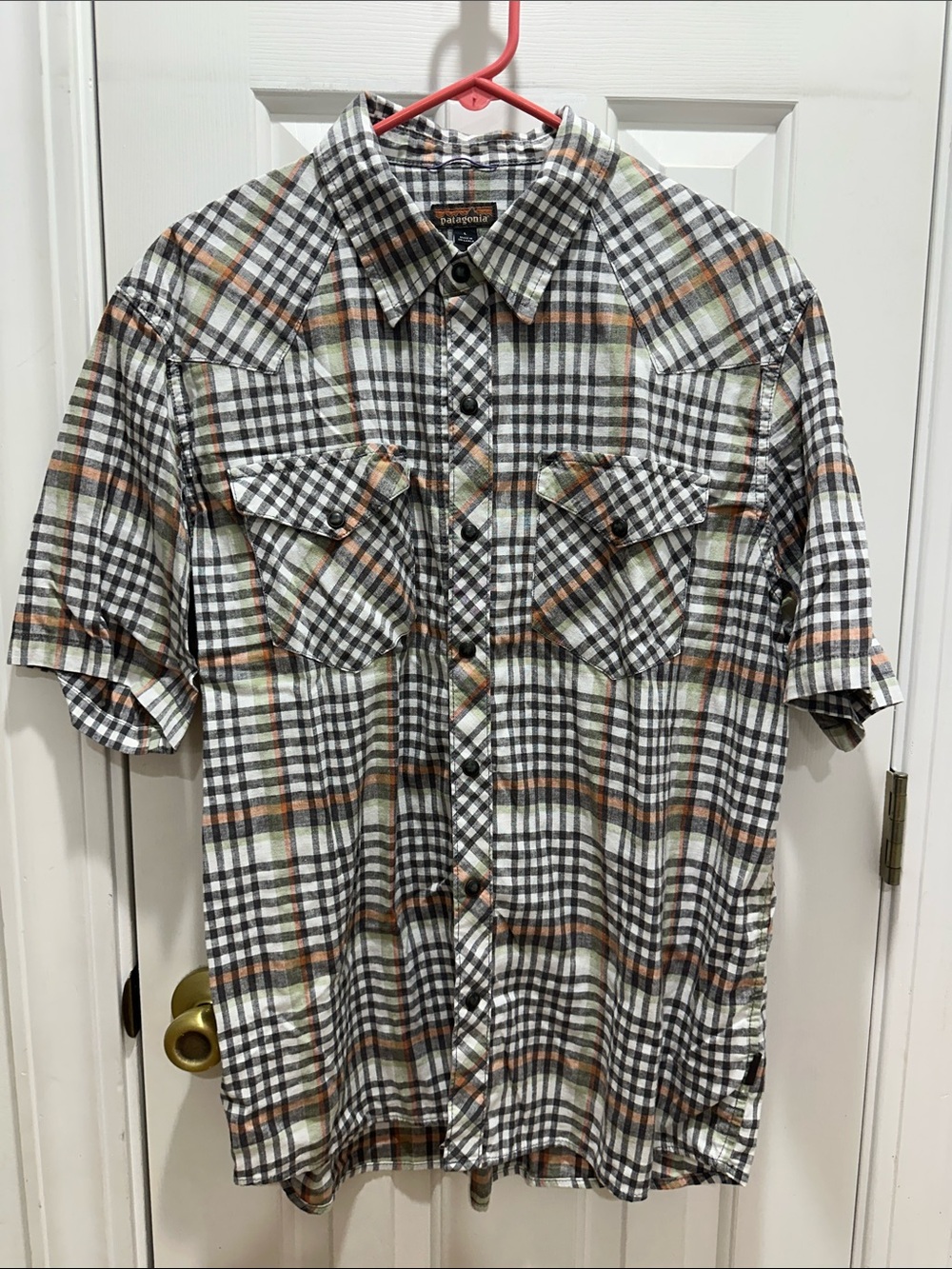 Patagonia Men’s Short-Sleeve Plaid Button-Down Shirt - White/Black/Orange/Green